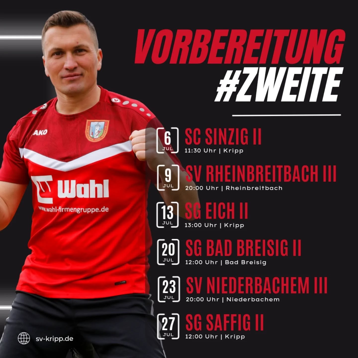 Unsere zweite Mannschaft ist heute mit einem 3:0-Heimsieg gegen den SC Sinzig II erfolgreich in die Vorbereitung gestartet! 🙌
In den kommenden Tagen und Wochen stehen fünf weitere Testspiele an:
📆 SV Rheinbreitbach III
📆 SG Eich II
📆 SG Bad Breisig II
📆 SV Niederbachem III
📆 SG Saffig II
Dazwischen heißt es: Training, analysieren, weiterentwickeln – bevor es Anfang August im Kreispokal wieder um alles geht! 🏆
Unser neues Trainerteam Besnik Krasniqi Alexander Ehlen und Bernd Dünnebier blickt mit viel Zuversicht auf die kommende Saison.
Kommt vorbei, unterstützt unsere Jungs – wir freuen uns auf euch! 💪
#SVKripp #ZweiteMannschaft #Testspiel #Saisonvorbereitung #HejaSVK #Amateurfußball #TeamSpirit #Fußballliebe #SupportYourLocalClub #AufGehtsKripp