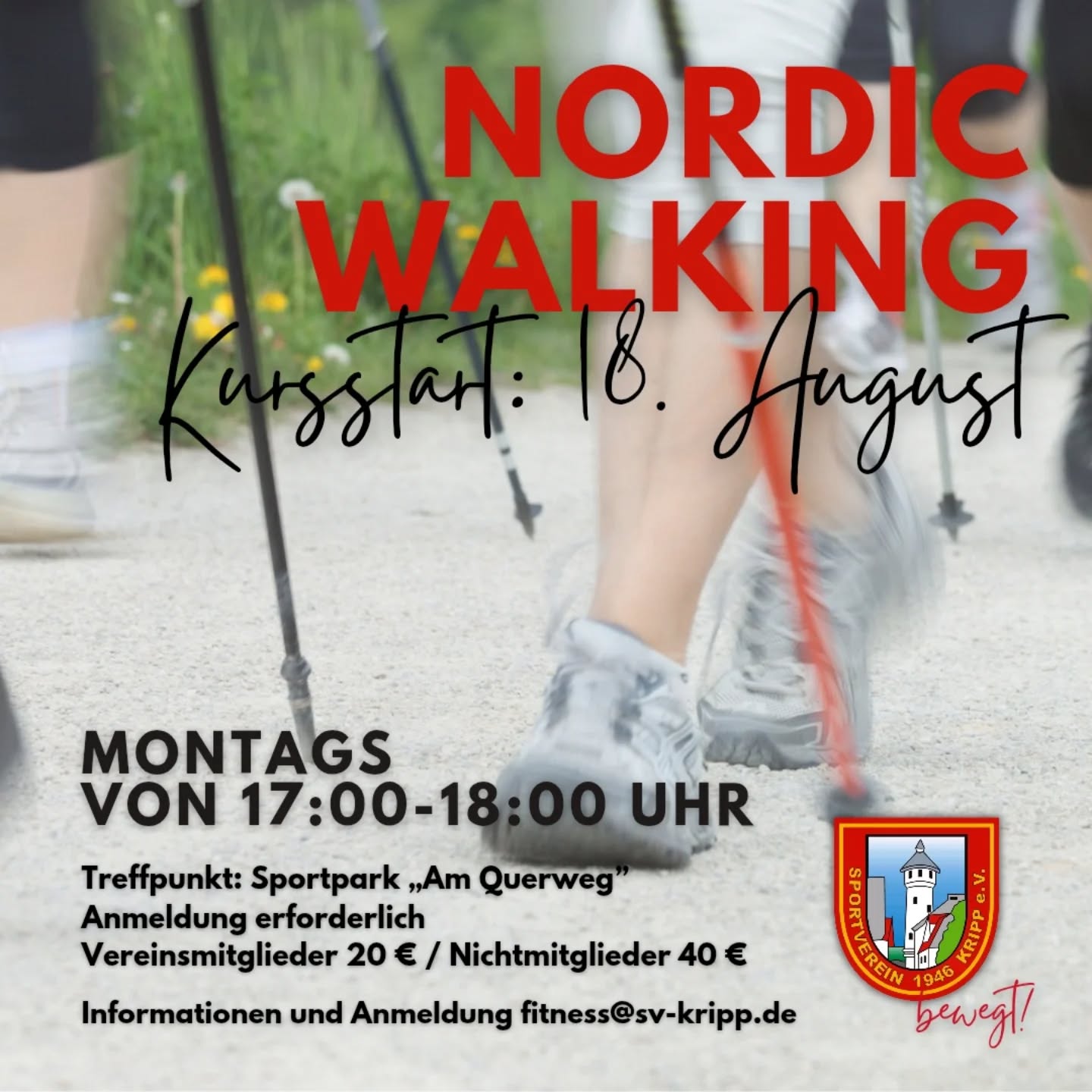 NORDIC WALKING – NEUER KURS STARTET AM 18. AUGUST! 🚶♂️
Starte aktiv in die Woche und tanke frische Luft und neue Energie bei unserem Nordic Walking-Kurs!
📅 Wann: Montags von 17–18 Uhr
📍 Treffpunkt: Sportpark „Am Querweg“ in Kripp
📆 Dauer: 8 Einheiten
Die Teilnahme ist nur mit vorheriger Anmeldung möglich! 📧 Jetzt anmelden per E-Mail an: fitness@sv-kripp.de
Mach mit – ob Einsteiger oder Fortgeschrittene – und bleib gemeinsam mit uns in Bewegung! Wir freuen uns auf dich!
#NordicWalking #SVKripp #OutdoorFitness #GemeinsamAktiv #Fitness #nurdersvk