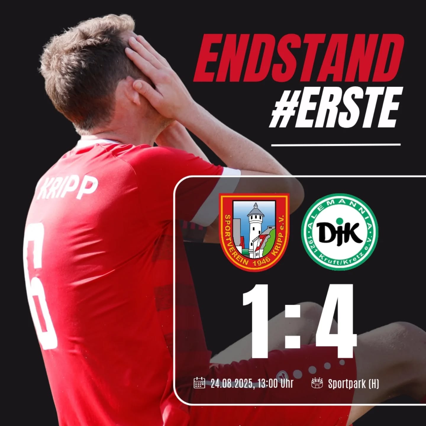 VERDIENTE HEIMNIEDERLAGE GEGEN EFFEKTIVE GÄSTE
SV Kripp - DJK Kruft/Kretz 1️⃣:4️⃣
Leider keine Punkte heute für unsere erste Mannschaft gegen die DJK Kruft/Kretz. 😞 Schon in der 3. Minute der erste Rückschlag: 0:1. Kurz vor der Pause dann das 0:2. Direkt nach Wiederanpfiff folgte das 0:3.
In der 59. Minute sorgte Yannick Noll mit dem Anschlusstreffer zum 1:3 noch einmal für Hoffnung – doch in der 74. Minute machte Kruft/Kretz alles klar.
➡ Endstand: 1:4
➡ Dritter Spieltag, leider weiterhin sieglos, nur 1 Punkt auf dem Konto.
Kopf hoch, Männer! Weiter machen, wir geben nicht auf! 💪
👉 Den ausführlichen Spielbericht findet ihr auf unserer Homepage.
#Heimspiel #Weiterkämpfen #NiemalsAufgeben #TeamSpirit #Kreisliga #FußballLiebe #svkripp #nurdersvk