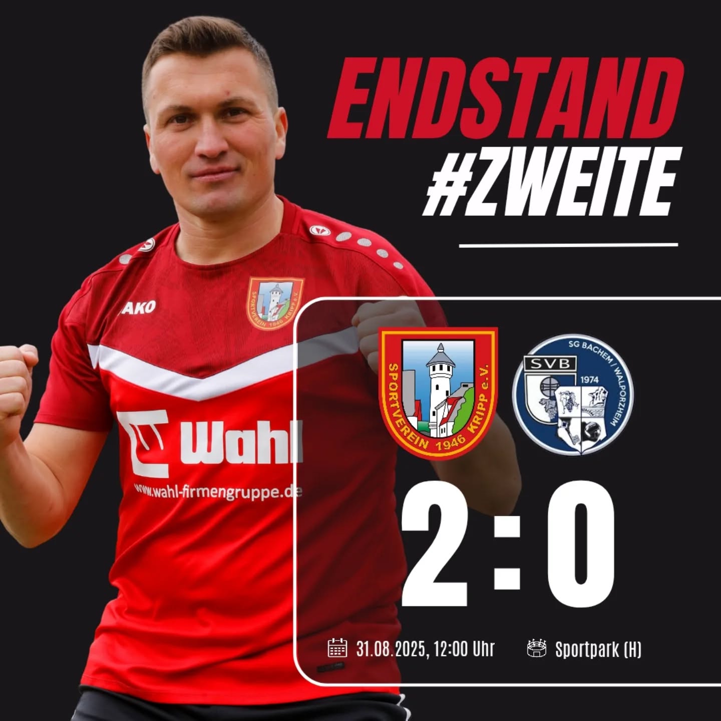ZWEITE MANNSCHAFT HOLT DREI PUNKTE
Unsere zweite Mannschaft holt sich im gestrigen Heimspiel gegen die SG Walporzheim II den ersten Saisonsieg! 🎉
Nach einer torlosen ersten Halbzeit platzte endlich der Knoten:
⚽ 58. Minute: Ardian Zuka bringt uns in Führung!
⚽ 86. Minute: Buron Azizi macht den Deckel drauf!
Endstand: 2️⃣:0️⃣ – drei Punkte bleiben bei uns! 💪 Weiter so, Männer! Auf diesen Erfolg können wir aufbauen!
#Heimsieg #SVKripp #ErsterSaisonsieg #Teamgeist #Kreisliga #Fußballliebe #AufGehts #Matchday #zweitemannschaft