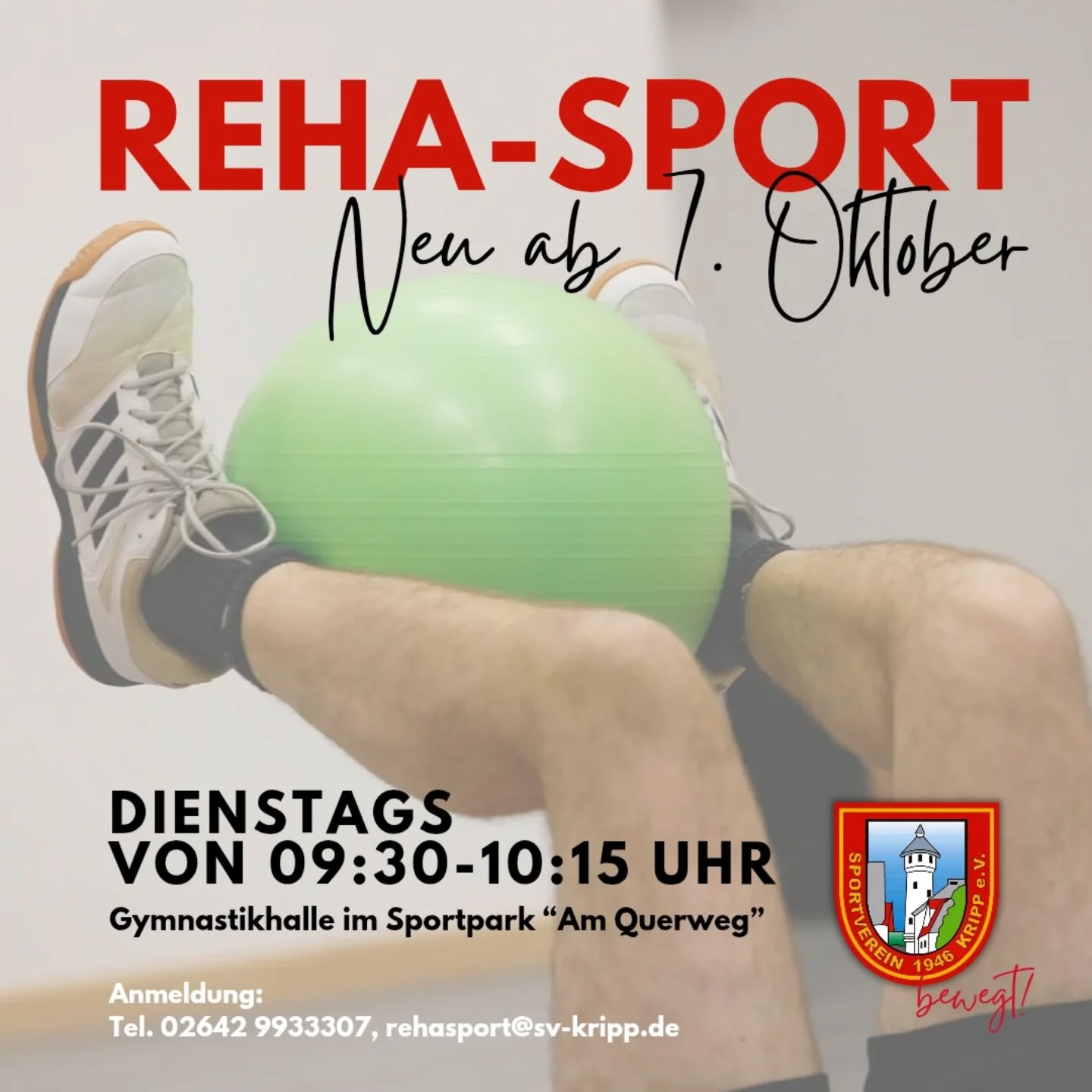 NEUES ANGEBOT: REHA-SPORT STARTET IM OKTOBER
Ab dem 7. Oktober starten wir erstmals mit orthopädischem Reha-Sport! 💪
👉 Immer dienstags von 9:30-10:15 Uhr in unserer Gymnastikhalle (Am Querweg 1, Remagen).
Reha-Sport ist ein ärztlich verordnetes Bewegungstraining, speziell für Menschen mit körperlichen Einschränkungen. Unter qualifizierter Anleitung trainieren wir gemeinsam Ausdauer, Kraft, Beweglichkeit & Koordination – für mehr Gesundheit und Lebensqualität. 🌿
✅ Teilnahme mit ärztlicher Verordnung – Kosten werden von den Krankenkassen übernommen.
✅ Geleitet von erfahrenen Trainerinnen.
✅ Wir sind Mitglied im Behinderten- und Rehabilitationssport-Verband Rheinland-Pfalz.
📌 So einfach geht’s:
1. Ärztliche Verordnung für Reha-Sport (Orthopädie) holen.
2. Von der Krankenkasse genehmigen lassen.
3. Bei uns anmelden und loslegen!
Anmeldung:
📞 02642 9933307
📧 rehasport@sv-kripp.de
„Wir freuen uns, mit diesem Angebot die Gesundheitsförderung in unserer Region zu stärken.“ – Carmen Ueberbach, stellv. Vorsitzende.
#svkripp #rehasport #reha-sport #rehabilitation #bewegung #comeback #fitness