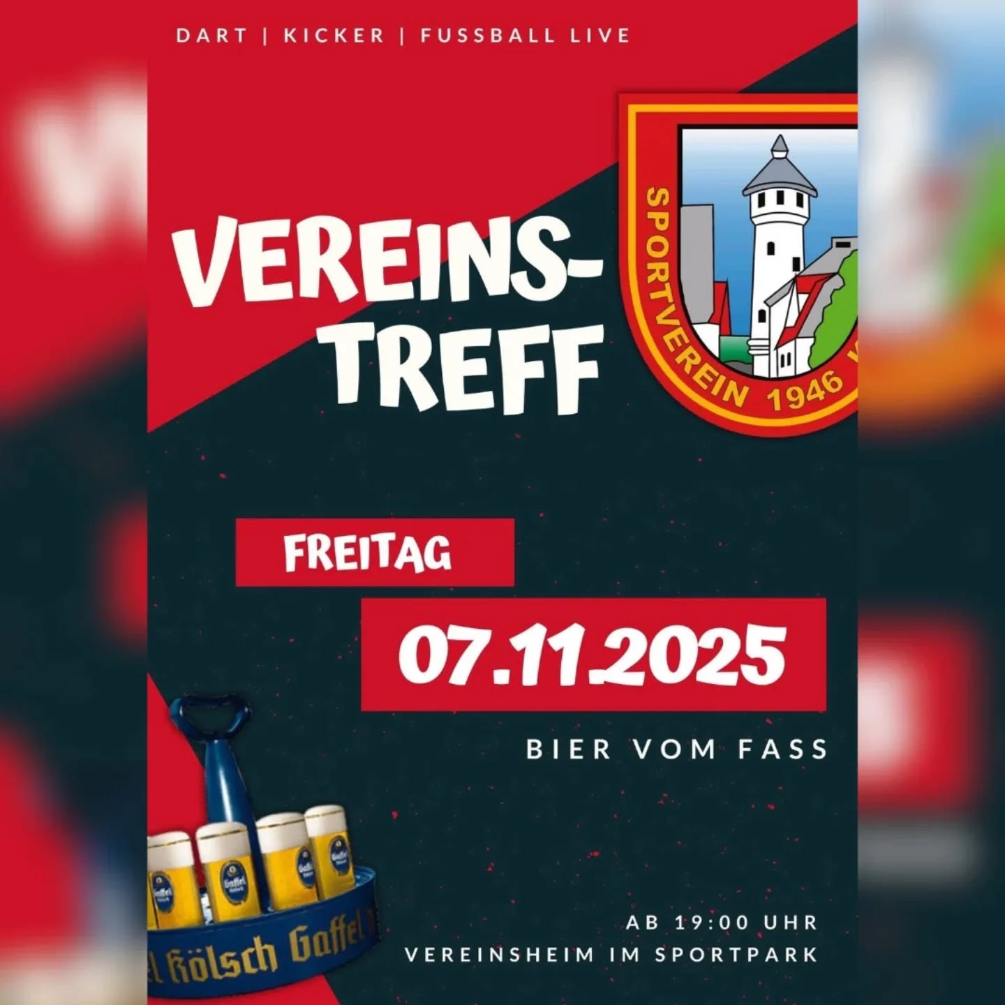 EINLADUNG ZUM LETZTEN VEREINSTREFF IN DIESEM JAHR! ⚽🎯🍻
Wir laden euch herzlich zum letzten Vereinstreff 2025 ein! 
📅 Freitag, 7. November
🕖 Ab 19:00 Uhr
📍 Vereinsheim im Sportpark „Am Querweg“
Kommt vorbei und genießt einen geselligen Abend in entspannter Atmosphäre! 🤗
Ob beim Steeldarts, Kickern oder einfach beim gemütlichen Plausch – hier ist für jeden was dabei! 
Natürlich ist auch für das leibliche Wohl gesorgt: 🍺 frisch gezapftes Kölsch, leckere Drinks 🍷🥤 und kleine Snacks warten auf euch!
Also: Vorbeikommen, mitmachen, Spaß haben! 🙌
Wir freuen uns auf alle – Mitglieder, Freunde und Gäste! 🔴⚪
#SVKripp #Vereinstreff #Gemeinschaft #Sportverein #Kripp #Geselligkeit #Kölsch #Darts #Kickern #Vereinsleben #AmQuerweg #wirsindkripp