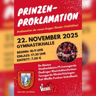EINLADUNG ZUR PRINZENPROKLAMATION !
Am Samstag, 22. November, ist es wieder so weit: Der SV Kripp lädt zur traditionellen Prinzenproklamation in die Gymnastikhalle im Sportpark ein! 🤩
🤫 Große Spannung: Wer wird der neue närrische Regent der Session 2025/2026? Ab 18:11 Uhr wird das Geheimnis gelüftet!
👑 Dieses Jahr besonders: Große und kleine Tollitäten werden feierlich proklamiert! Zuvor verabschieden wir Jugendprinzessin Leticia I. und Hofdame Saskia 🫶
Für Stimmung sorgen die Formationen der Stadtsoldaten/Prinzengarde und befreundete Garden wie die Rheinhöhenfunken Oedingen, die Rot-Weißen Funken Unkelbach und die Tanzgarde Niederlützingen.
🎶 Musikalische Highlights:
– Veedel for 12 heizt mit kölschem Sound ein 
– Später sorgt „De Bäetes“ für Party pur! 
🙌 Dazu viele Gasttollitäten sowie die feierliche Inthronisierung durch Bürgermeister Björn Ingendahl und Ortsvorsteher Axel Blumenstein.
Kommt vorbei, feiert mit uns und startet gemeinsam in die fünfte Jahreszeit! 🎊
#SVKripp #Prinzenproklamation #KarnevalKripp #Session2025 #Tollitäten #KrippAlaaf #Karneval #FünfteJahreszeit #VeedelFor12 #DeBäetes #Prinzenpaar #kripp