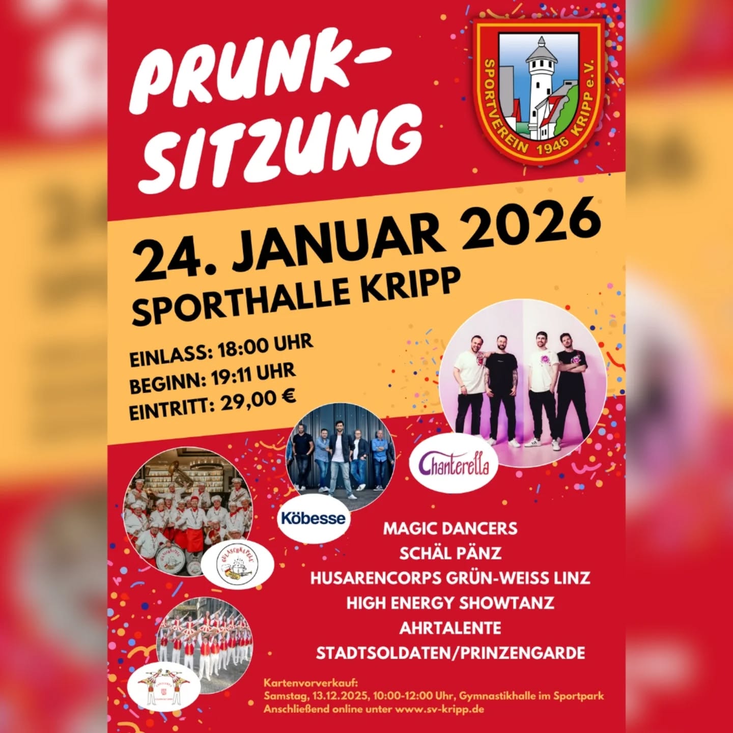 KARTENVORVERKAUF FÜR UNSERE PRUNKSITZUNG STARTET! 🎉
Am 24. Januar 2026 heißt es wieder: Prunksitzung beim SV Kripp!
Freut euch auf ein Programm voller kölscher Fastelovendsstimmung, großartigen Bands wie Chanterella, Köbesse, Schäl Pänz und Musikgruppen wie die Gulaschkapell und die Ahrtalente – sowie spektakuläre Tänze von Colonia Rut-Wiess, den Magic Dancers, High Energy Euskirchen und dem Husarencorps Grün-Weiß Linz! ✨
Auch unsere eigenen Tänzerinnen und Tänzer, die Prinzengarde, das Tanzpaar, die Tanzsterne und die Tanzsoldaten sind wieder mit dabei.
Und: Das erste Kripper Damendreigestirn steht für euch auf der Bühne! 👑
🎟️ Vorverkauf:
📅 13. Dezember
⏰ 10–12 Uhr
📍 Gymnastikhalle im Sportpark
💶 29 € – begrenztes Kontingent!
➡️ Schnell sein lohnt sich!
#svkripp #prunksitzung #fastelovend #karneval2026 #kripp #alaaf #kripp #stimmung #fastelovend