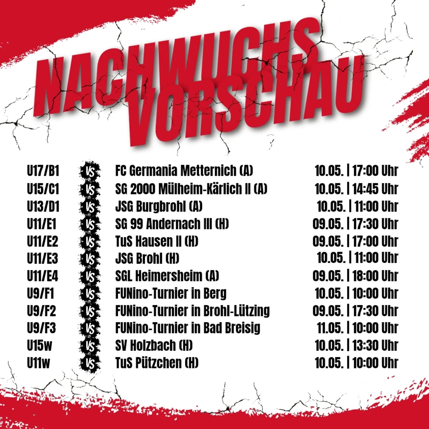Unsere Nachwuchsteams sind nach einer längeren Osterpause wieder aktiv! ⚽ Sowohl die Teams der JSG Remagen als auch unsere Mädchenmannschaften sind wieder am Ball und heiß auf die nächsten Spiele! 🔥
Kommt vorbei und feuert unseren Nachwuchs an! 📣 Gemeinsam rocken wir die Rückrunde!
#Matchday #Jugendfussball #JSGRemagen #MädelsAmBall #WirSindEinTeam #FußballLiebe #SupportYourTeam #GameOn #HeißAufFußball #GemeinsamStark #ToreJagd #LetsGo #ForzaJSG #WeekendVibes #SVKripp